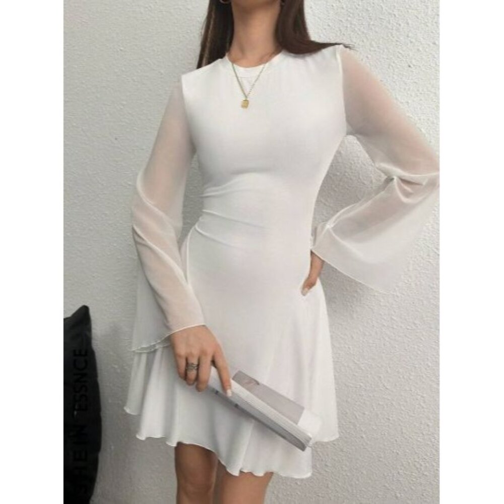 Shein Womens Mini Fit & Flare Dress Size S White Sheer Bell Sleeves Bridal Chic
